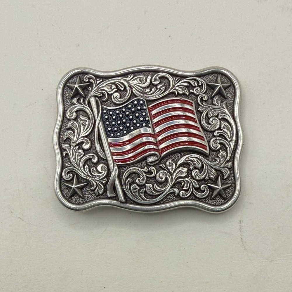 Nocona Western USA American Flag Belt Buckle Silver Tone Cowboy Patriotic