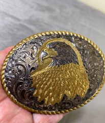 Vintage Crumrine Belt Buckle Mens Silver Plate Gold Eagle Western USA Oval