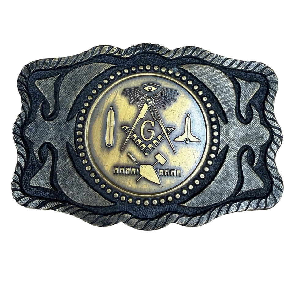 Masonic Belt Buckle Mens Gold Tone Metal Square Compass G Western Antique Finish