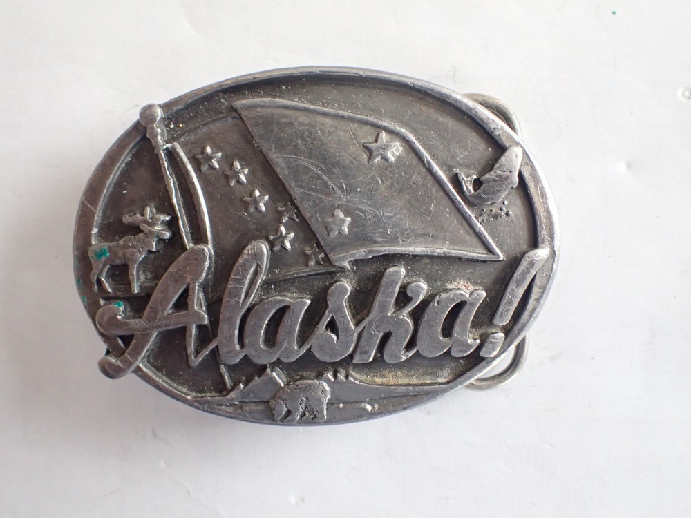 BELT BUCKLE ALASKA FLAG, MOOSE, BEAR, SALMON