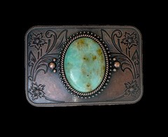 Copper Turquoise Western Belt Buckle Engraved Bronze Flower Cowboy Style