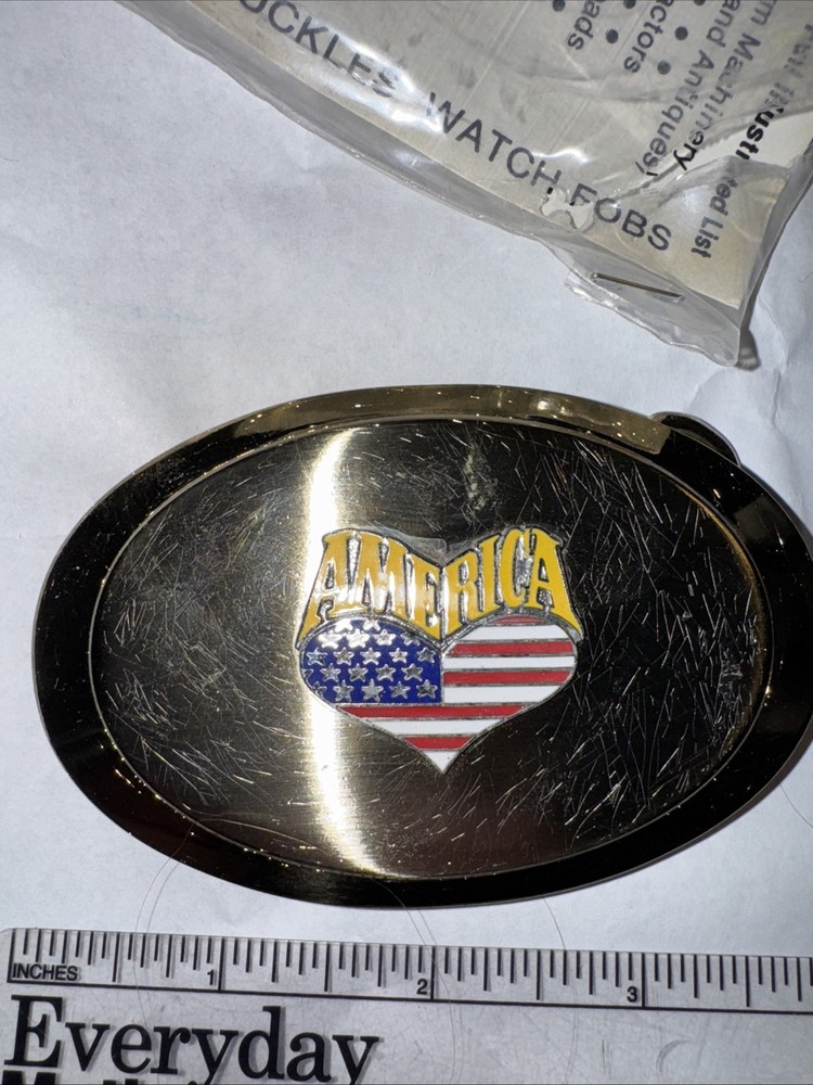 Vintage America Heart Flag Gold Belt Buckle Rare Fast Free Shipping