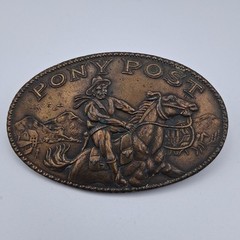 Vintage 70s Pony Post Express Brass Metal Belt Buckle Montauk Silver Company