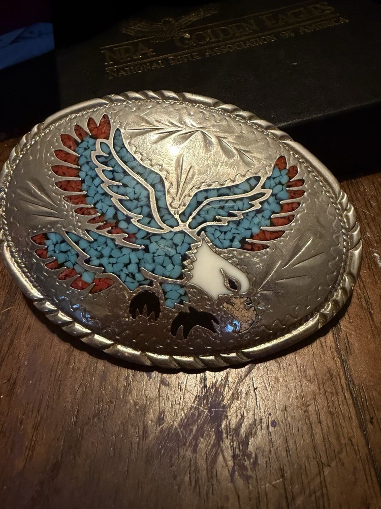 S.S.I. Eagle Western Belt Buckle, Silver Oval Blue/Red/White Stone Inlay 1.5&Prime;