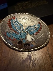 S.S.I. Eagle Western Belt Buckle, Silver Oval Blue/Red/White Stone Inlay 1.5&Prime;