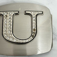 Rhinestone Studded U Letter Initial Monogram Silver Tone Belt Buckle