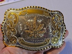 GOLD & SILVER (IN COLOR ONLY) LARGE RODEO WESTERN MARIJUANA Metal Belt Buckle