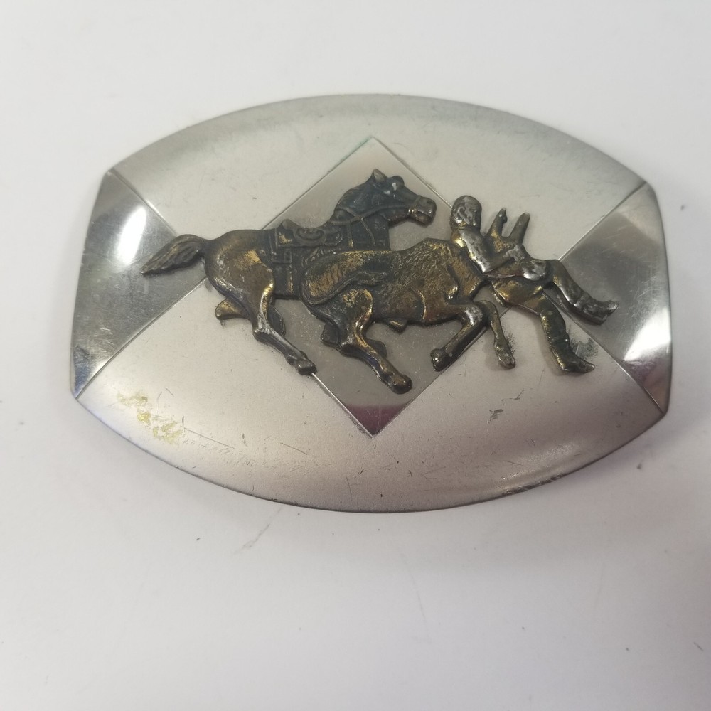 VTG Nickel Silver BELT BUCKLE big bucking Bronco Rodeo Horse Bull Riding