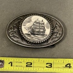 Vintage Admiral Scrimshaw Ship Belt Buckle Silver Tone Nautical Tall Ship Oval