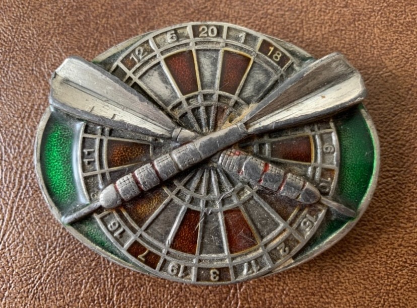 Darts and Dart Board Belt Buckle, 1984 Bergamot Brass Works
