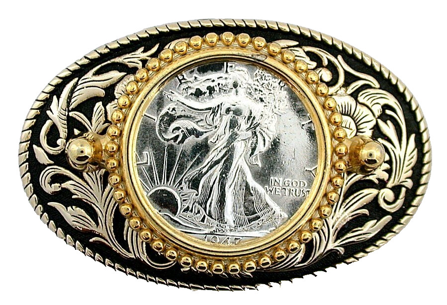 1947 Liberty Walking Half Dollar Antique Gold 2 3/5 Inch Belt Buckle EPBB274
