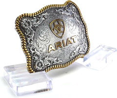 ARIAT Large Scalloped Shape Buckle with Logo, Floral and Scroll Detail, Twisted