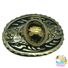 Belt Buckle Western Style Gold Tone Oval Stage Coach Gold Flake Inlaid Vintage