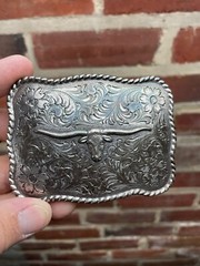 Nocona Long Horn Steer Head Rope Border Engraved Floral Pattern Western Buckle