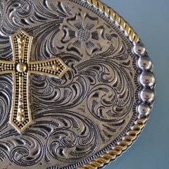 Two Tone Cross Belt Buckle Oval Silver Gold Floral Filigree Western