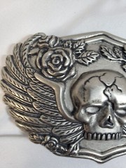 Belt Buckle – Skull With Wings and Roses. Biker Buckle to suit 1.5&Prime; (40mm) Belt