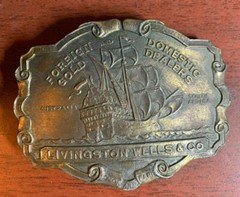 Vintage Livingston Wells Co. Foreign & Domestic Gold Dealers Belt Buckle Boat