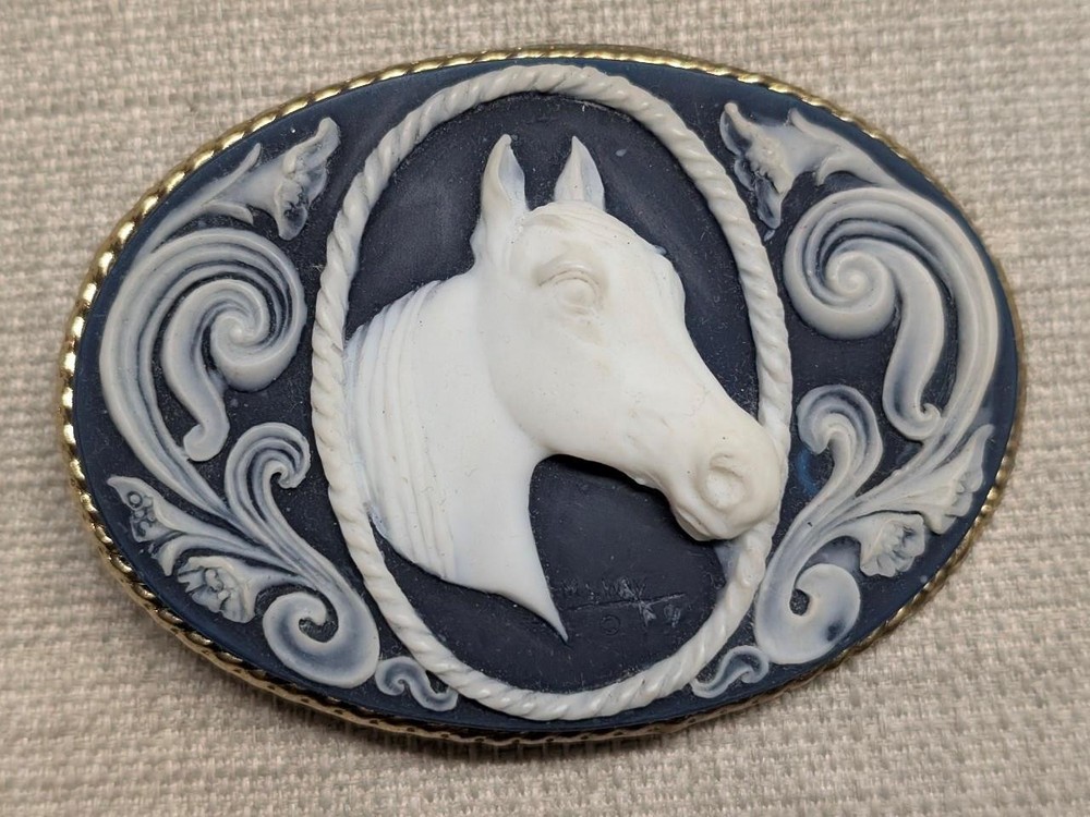 vintage CAMEO belt buckle HORSE handcrafted INCOLAY STONE equestrian WESTERN