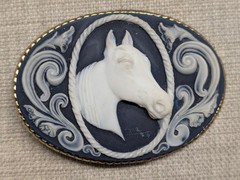 vintage CAMEO belt buckle HORSE handcrafted INCOLAY STONE equestrian WESTERN