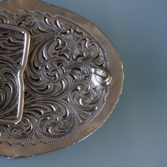 Two Tone Cross Belt Buckle Oval Silver Gold Floral Filigree Western