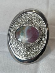 Vtg Western Style Belt Buckle Silvertone And Polished Flat Multicolor Stone