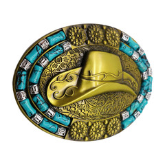 Men Antique Gold Metal Western Belt Buckle Cowboy Hat Turquoise Blue Color Beads