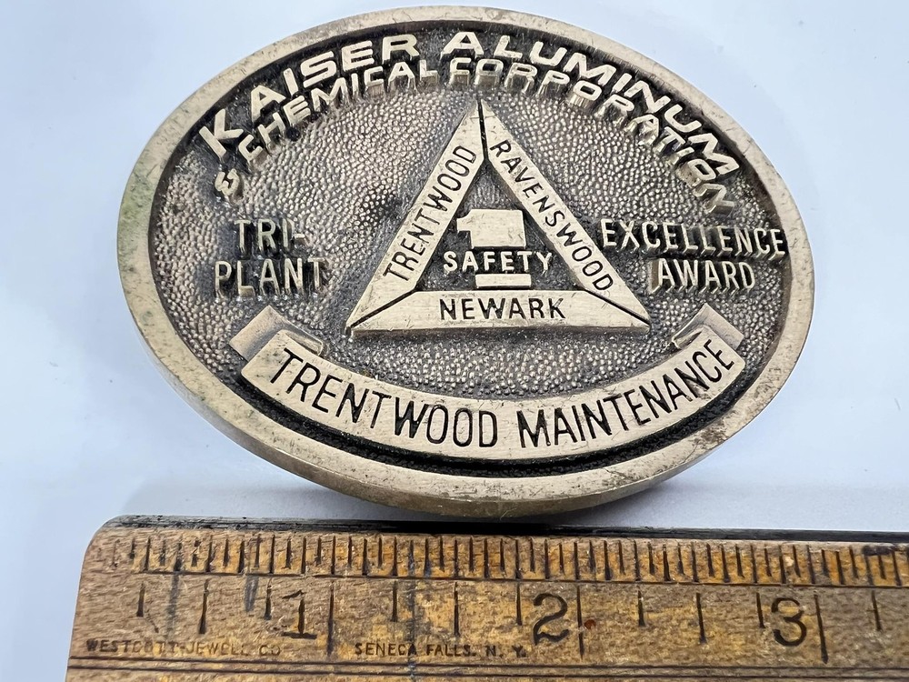 Vintage Kaiser Aluminum Belt Buckle Mens Gold Tri Plant Excellence Logo Safety