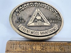 Vintage Kaiser Aluminum Belt Buckle Mens Gold Tri Plant Excellence Logo Safety