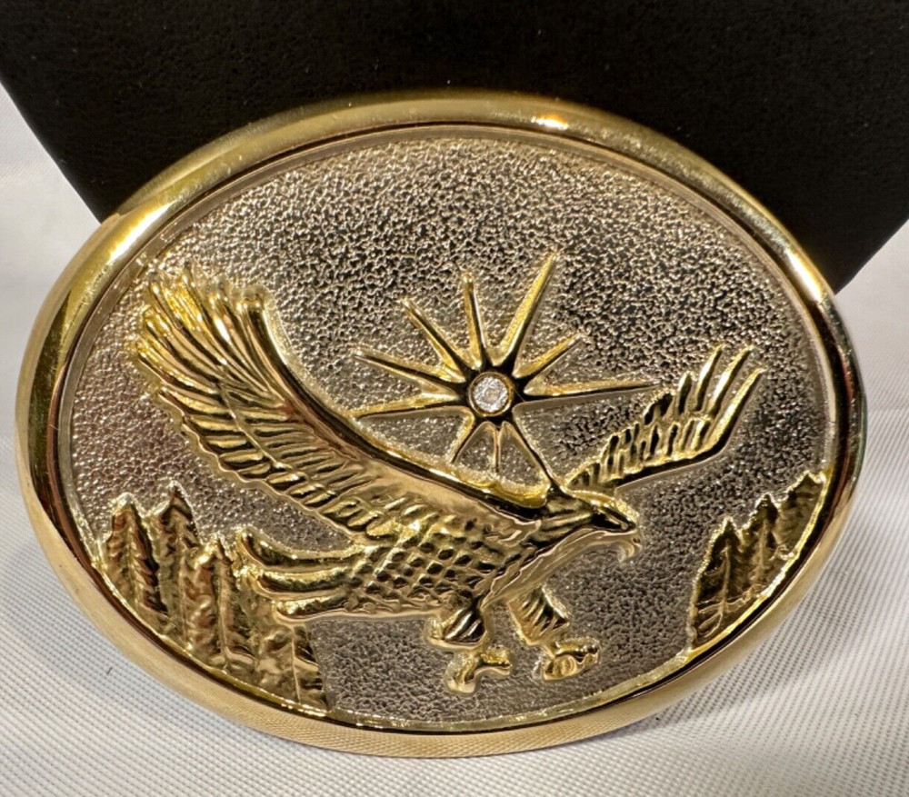 Vintage Soaring Eagle Belt Buckle Goldtone Jeweled Western Rodeo Style