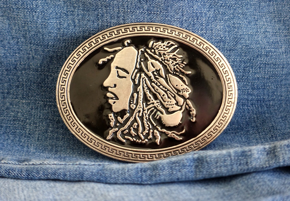 Bob Marley Belt Buckle vtg REGGAE music oval black/silver tone island lion rasta