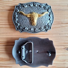 Long horns head bull western gold & metal belt buckle (choice designs)