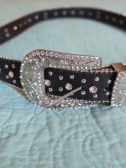 Women&rsquo;s Black Cross Rhinestone Western Motorcycle Bling Leather Belt