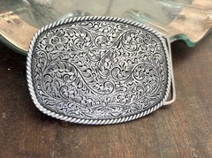 Engraved Silver Belt Buckle Western Rodeo Rope Border Cowboy Style Heavy Duty