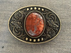 Burnt Orange Stone Western Belt Buckle Agate Inlay Cowboy Brass 1.5in Strap Fit