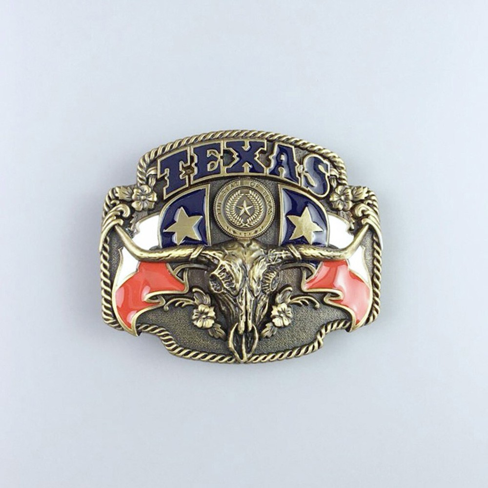 Vintage Bronze Plated Longhorn Bull Flag Western Belt Buckle Boucle de Ceinture