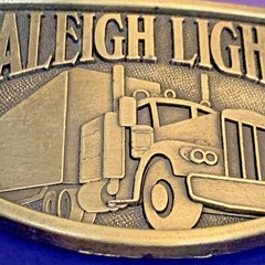 VINTAGE 1970s RALEIGH LIGHTS Metal Belt Buckle Tobacco Cigarette Ad SEMI TRUCK