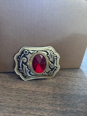 Vintage Red STONE Gold Buckel Used Flower Design Belt Buckle Western Wear Cowboy