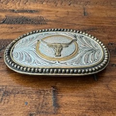 Western Longhorn Bull Belt Buckle Silver Gold Tone Floral Scroll Oval Cowboy
