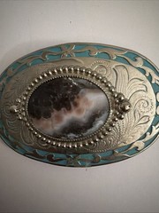 Southwestern Stone Belt Buckle Oval Floral Agate Western Silvertone