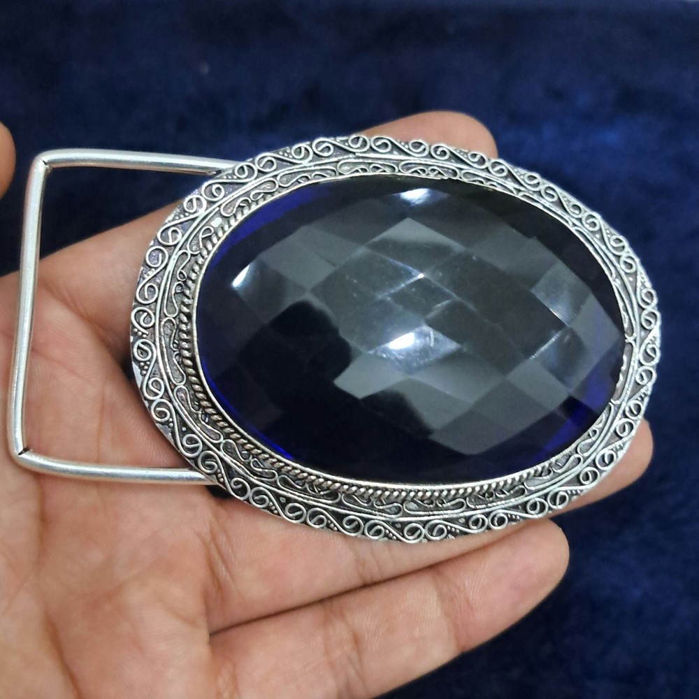 Blue Faceted Glass Gemstone Belt Buckle Handmade Vintage Style Silver Tone