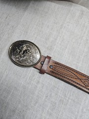 Vintage Metal Belt/Buckle Silver and Brass Bronco Rodeo Bull Riding Cowboy USA