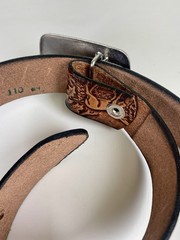 Vtg Tooled Leather Western Belt & Brown Stone BUCKLE 30/34 Small Deer Woods USA