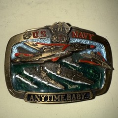 Vintage 1983 US Navy Anytime Baby Enamel Inlay Belt Buckle Painted Pewter KG JD