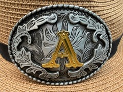 Antiqued Silver Gold Initial A Oval Western Cowboy Floral Vine Belt Buckle