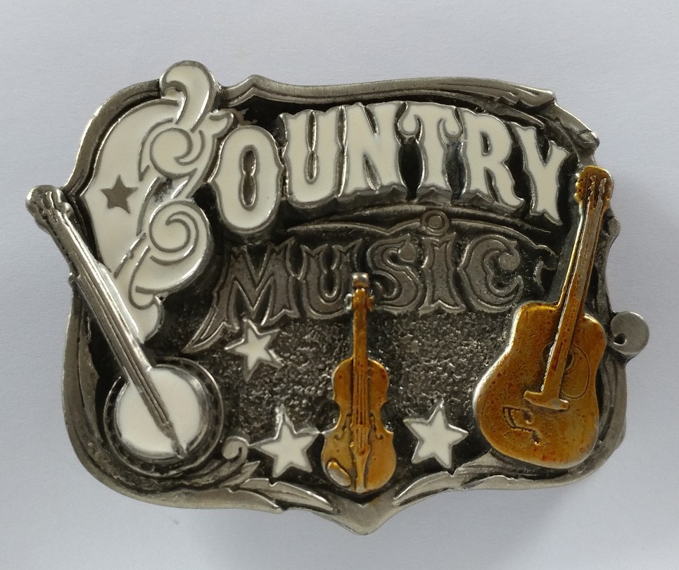 COUNTRY MUSIC STARS BANJO GUITAR FIDDLE BELT BUCKLE MADE IN CANADA