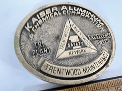 Vintage Kaiser Aluminum Belt Buckle Mens Gold Tri Plant Excellence Logo Safety