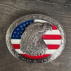 Oval American Flag w/Eagle Head Belt Buckle Antique Silver Tone Red White Blue