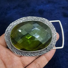 Green Faceted Glass Gemstone Belt Buckle Handmade Vintage Style Silver Tone West