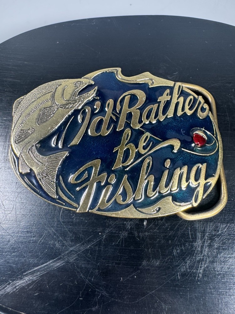 Vintage 1985 I’d Rather Be Fishing Belt Buckle USA Brass Enamel 3”