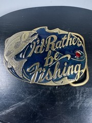 Vintage 1985 I’d Rather Be Fishing Belt Buckle USA Brass Enamel 3”